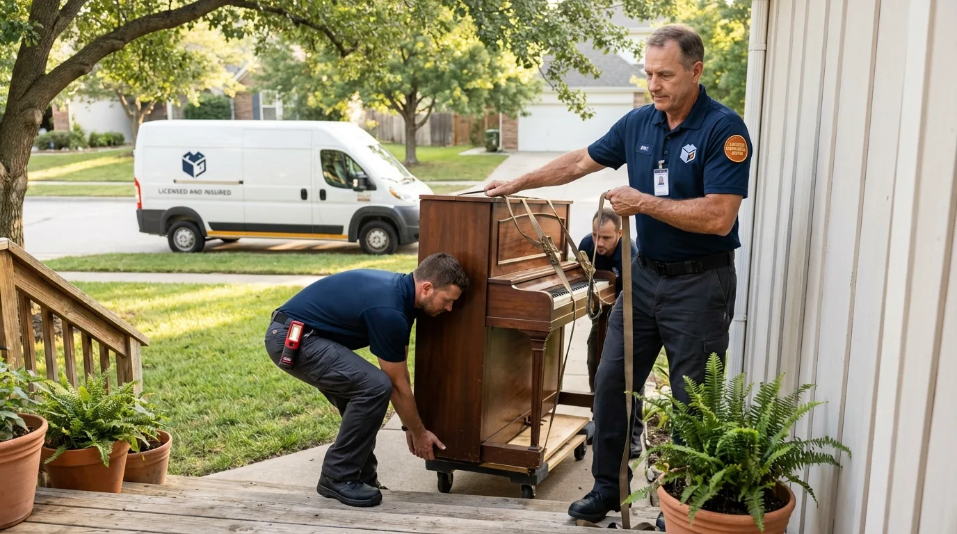 Licensed piano movers securing grand piano in Redkey, IN
