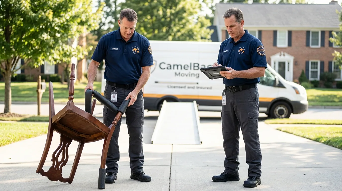 Movers inspecting furniture for damage prevention before loading in Redkey, IN