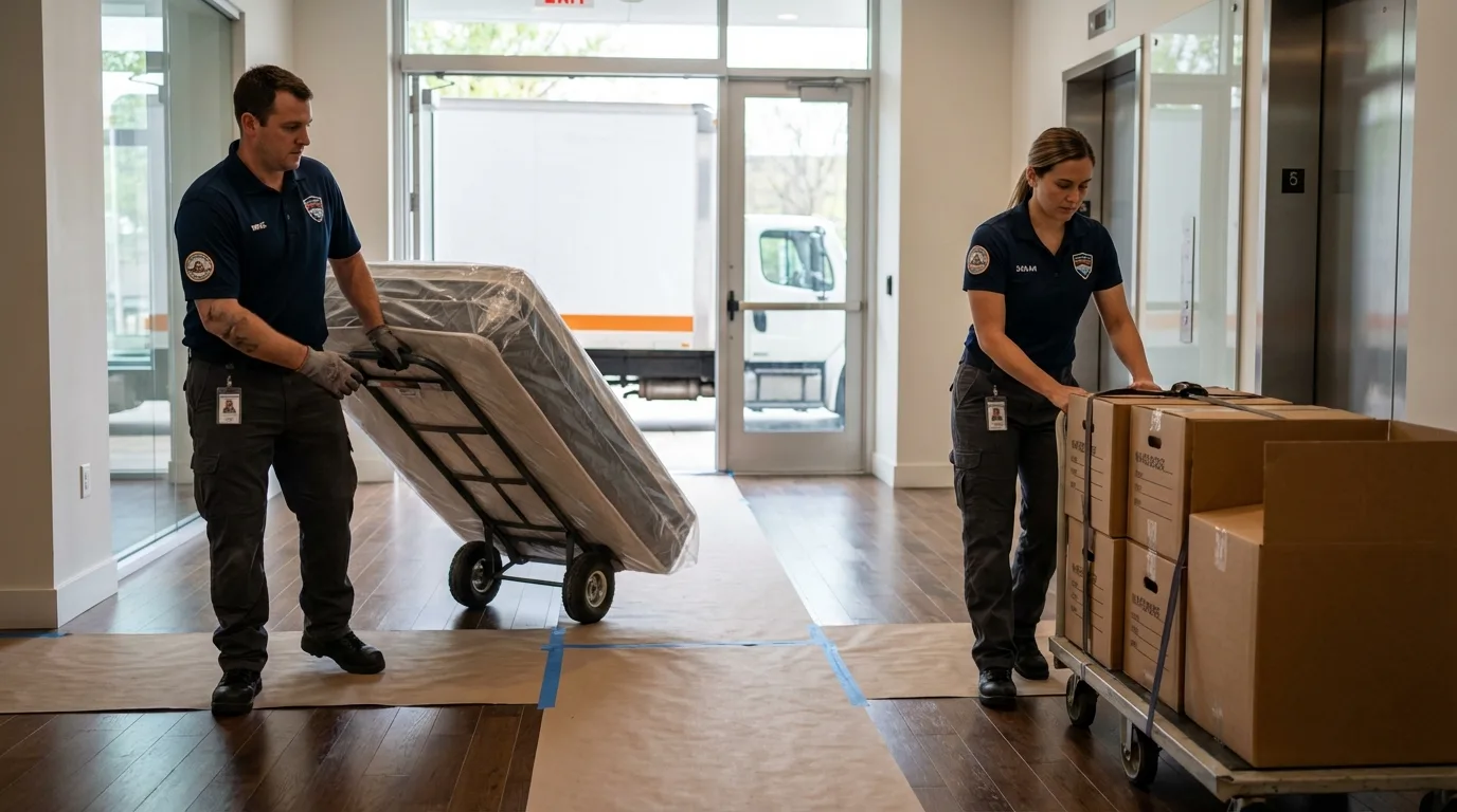 Professional apartment movers loading elevator in Redkey, IN